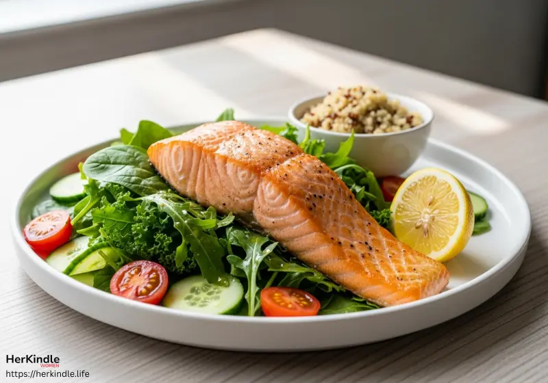 Healthy anti-stress meal with salmon and greens